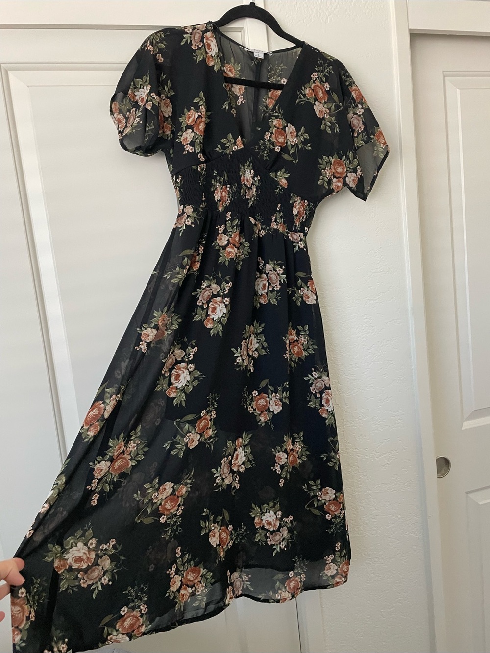 Black Floral Midi Dress with Puff Sleeves